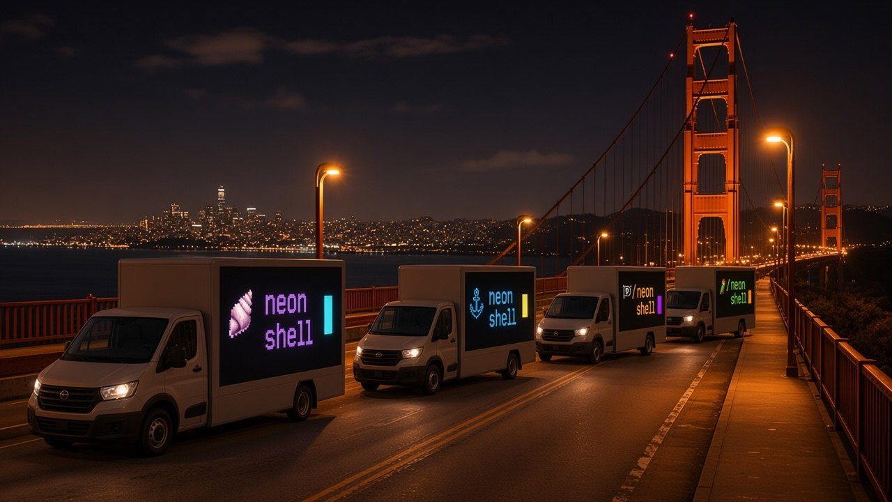 Neon Shell LED trucks crossing the Golden Gate Bridge at night with the San Francisco skyline