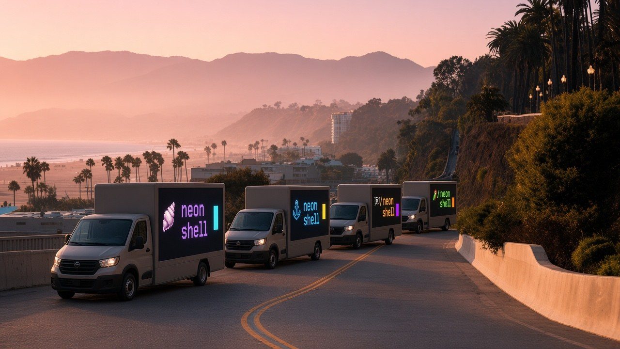 Four Neon Shell LED trucks climbing the California Incline in Santa Monica at sunset